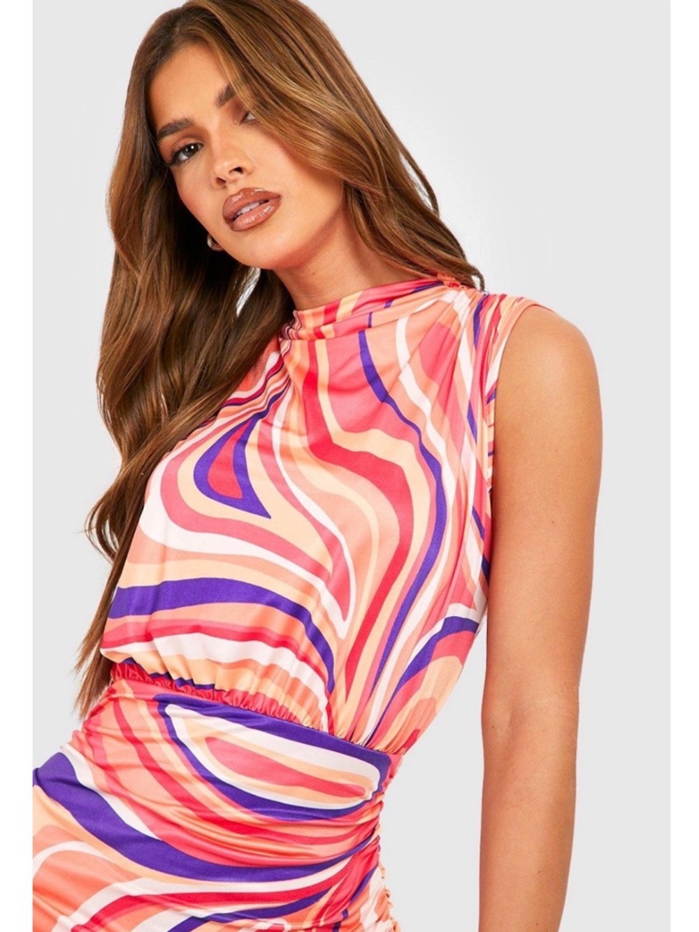 Abstract Print Slinky High Neck Ruched Mini Dress - Picture 4 of 6